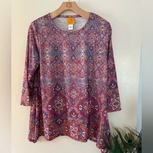Ruby Rd shirt, 3/4 sleeve, medallion print, hi-lo side flutter hems, NWOT,